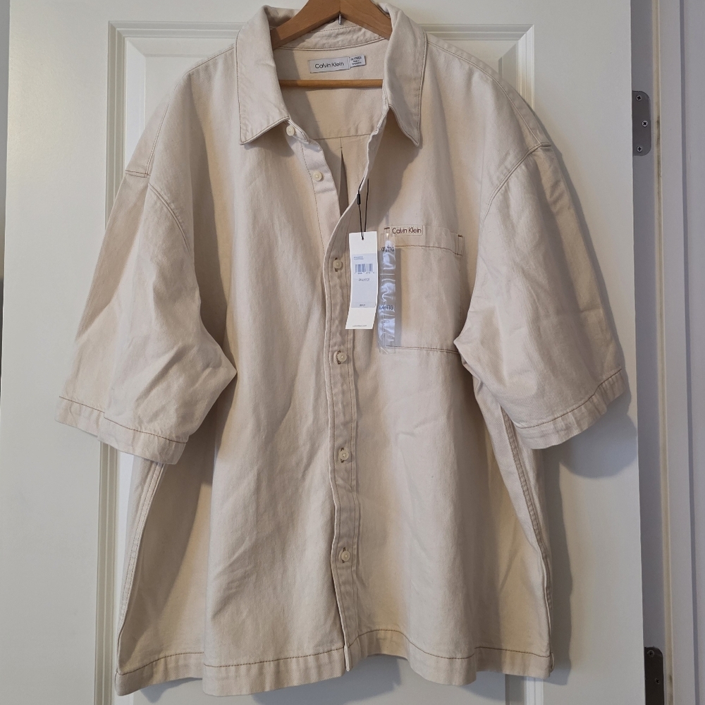 Calvin Klein Button Up Camp Shirt Collared Shortsleeve Mens XXL Cream Cotton